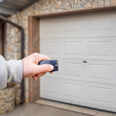 Provo security key fob pointing to a garage door